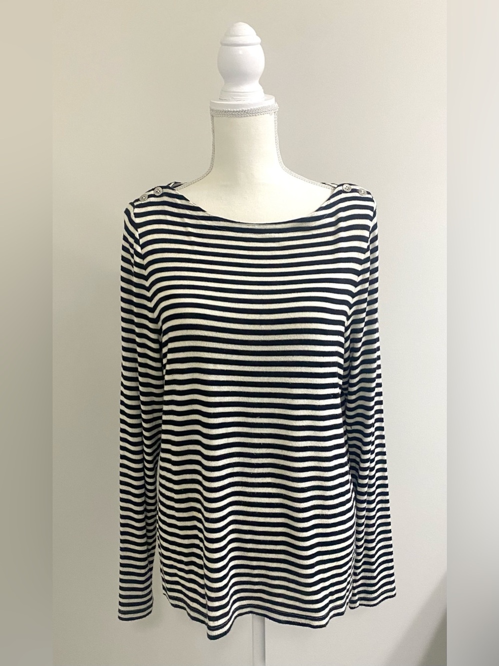 Ralph Lauren Womens XL Black White Stripe Boatneck Lightweight Sweater Preppy